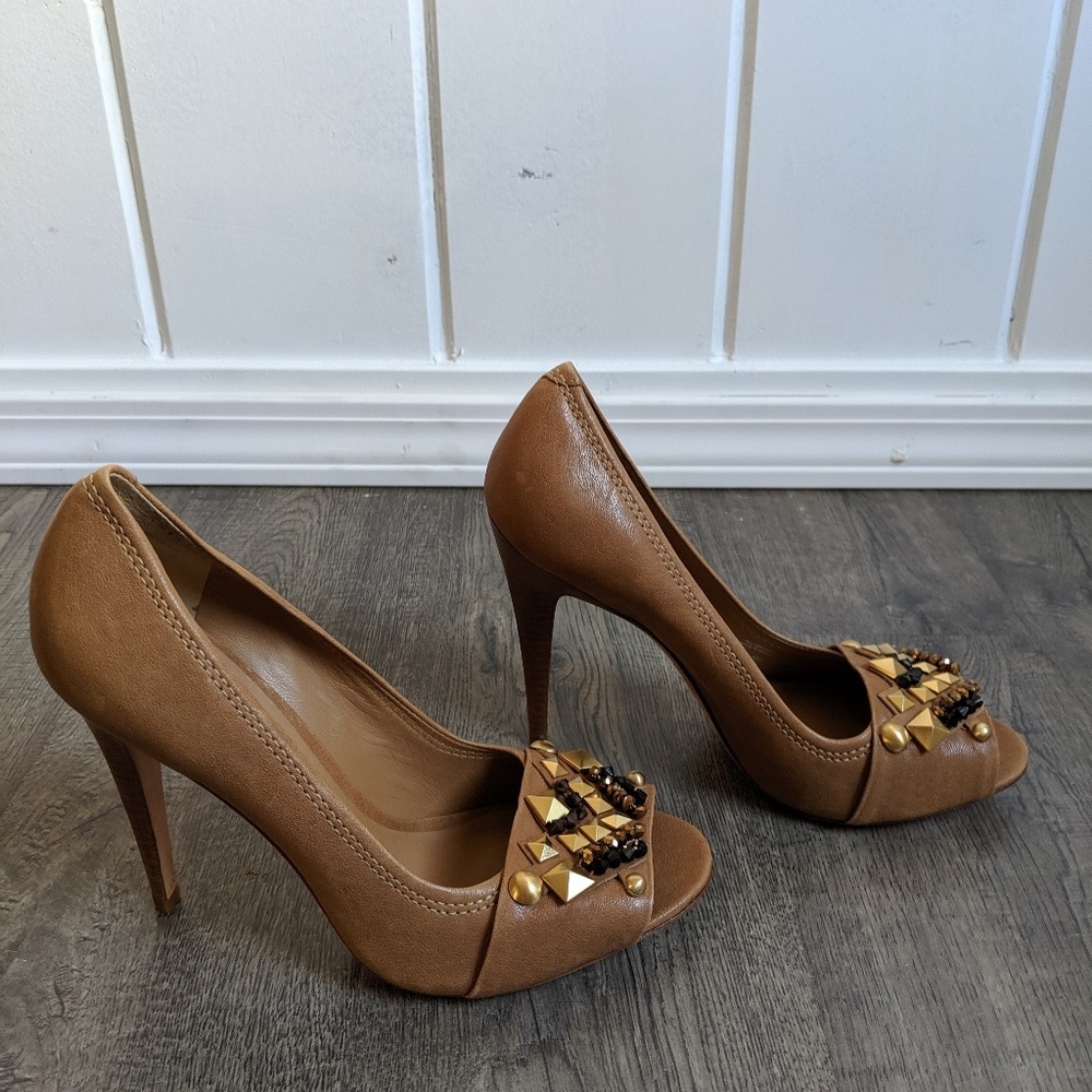 Tory Burch tan high heels with gemstones